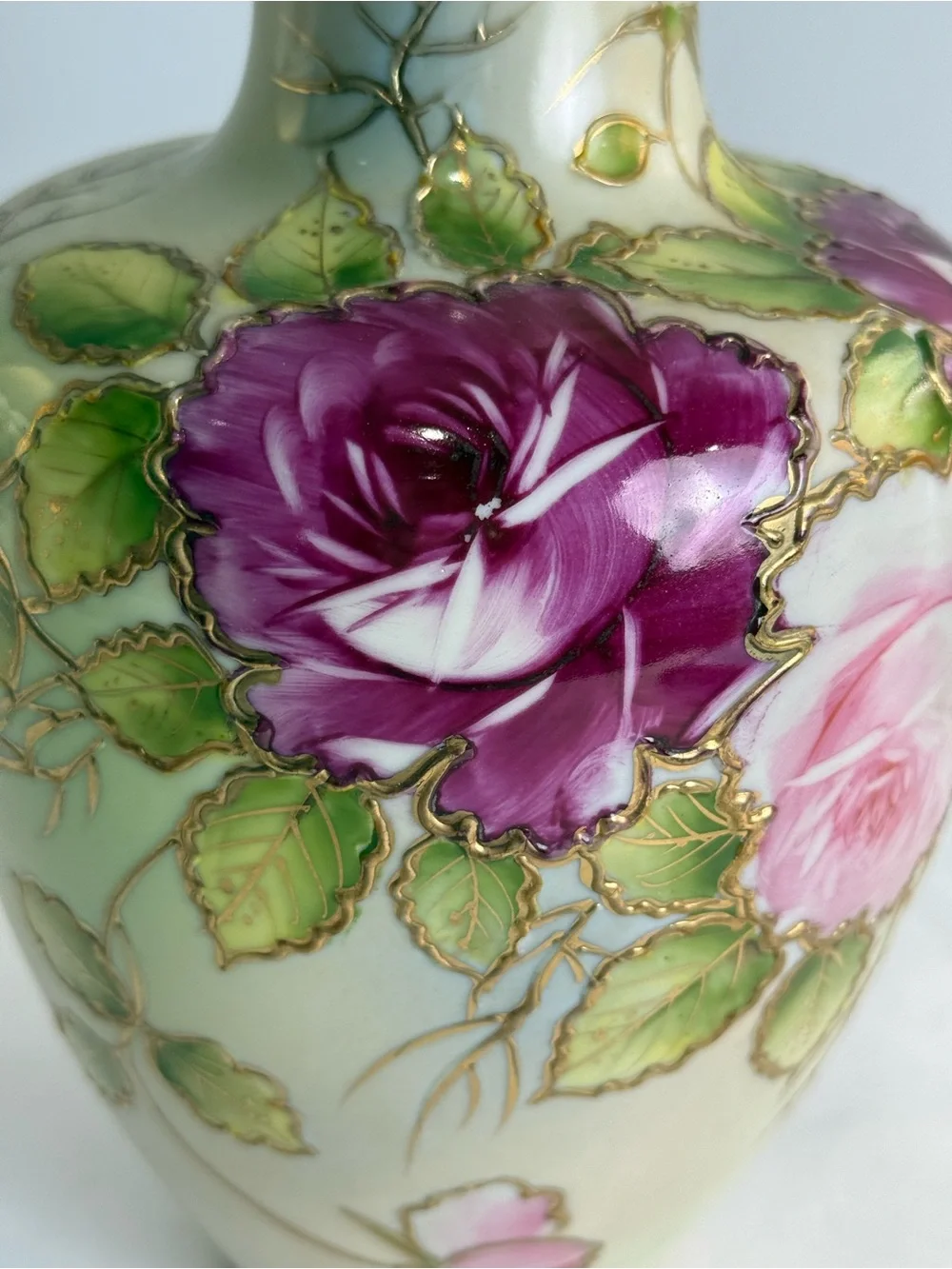 Vintage Vase Antique Hand Painted Nippon Floral Roses Gold Gilt Porcelain